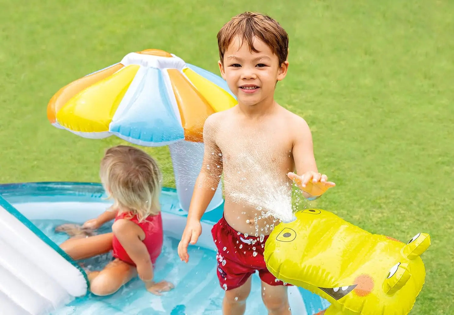 Outdoor Inflatable Kiddie Pool with Slide, Sprinklers & Floatie for Kids Water Play