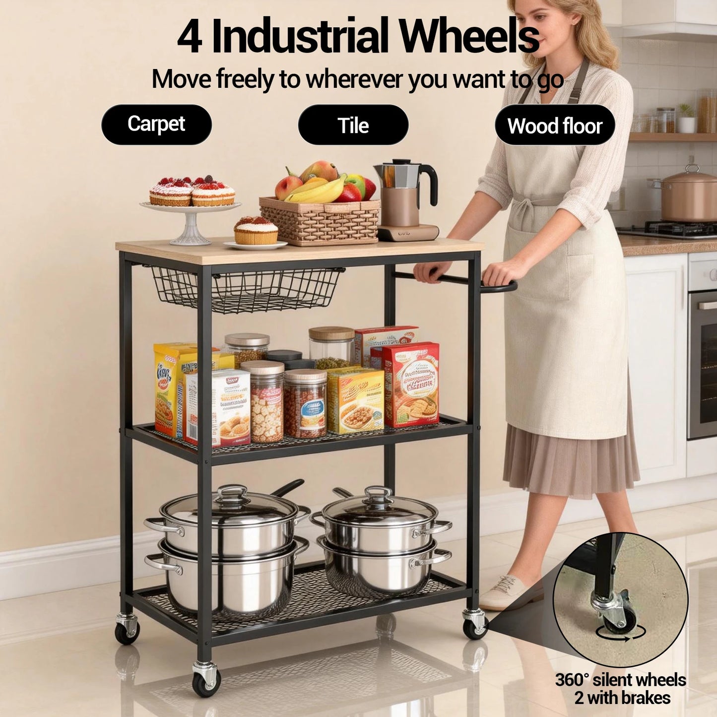 Microwave Kitchen Storage Cart with Push Handle 3 Tier Rolling Cart with 2 Lockable Wheels for Kitchen Island Dining Room