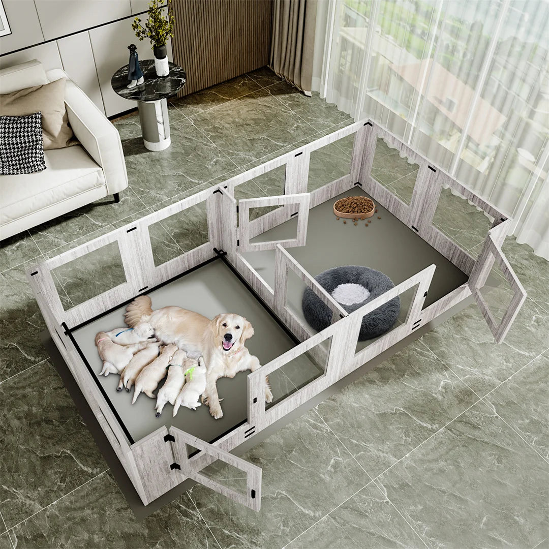 14-Panel Tempered Glass Pet Whelping Pen Box,Puppy Playpen Exercise Pen with Detachable Panels and Rails