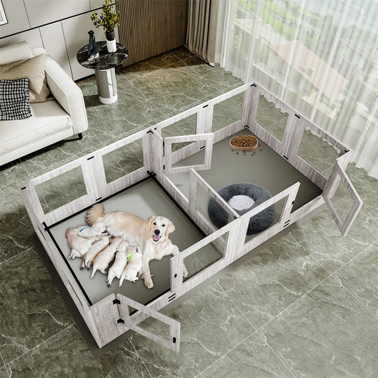 14-Panel Tempered Glass Pet Whelping Pen Box,Puppy Playpen Exercise Pen with Detachable Panels and Rails