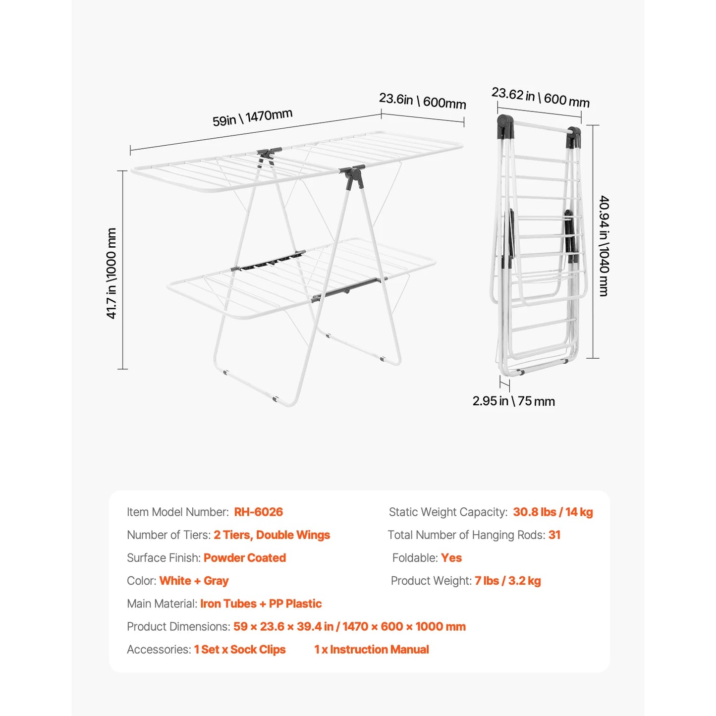 SucceBuy Clothes Drying Rack Foldable Laundry Dryer Rack with Sock Clips Metal Height Adjustable Drying Racks for Outdoor&Indoor