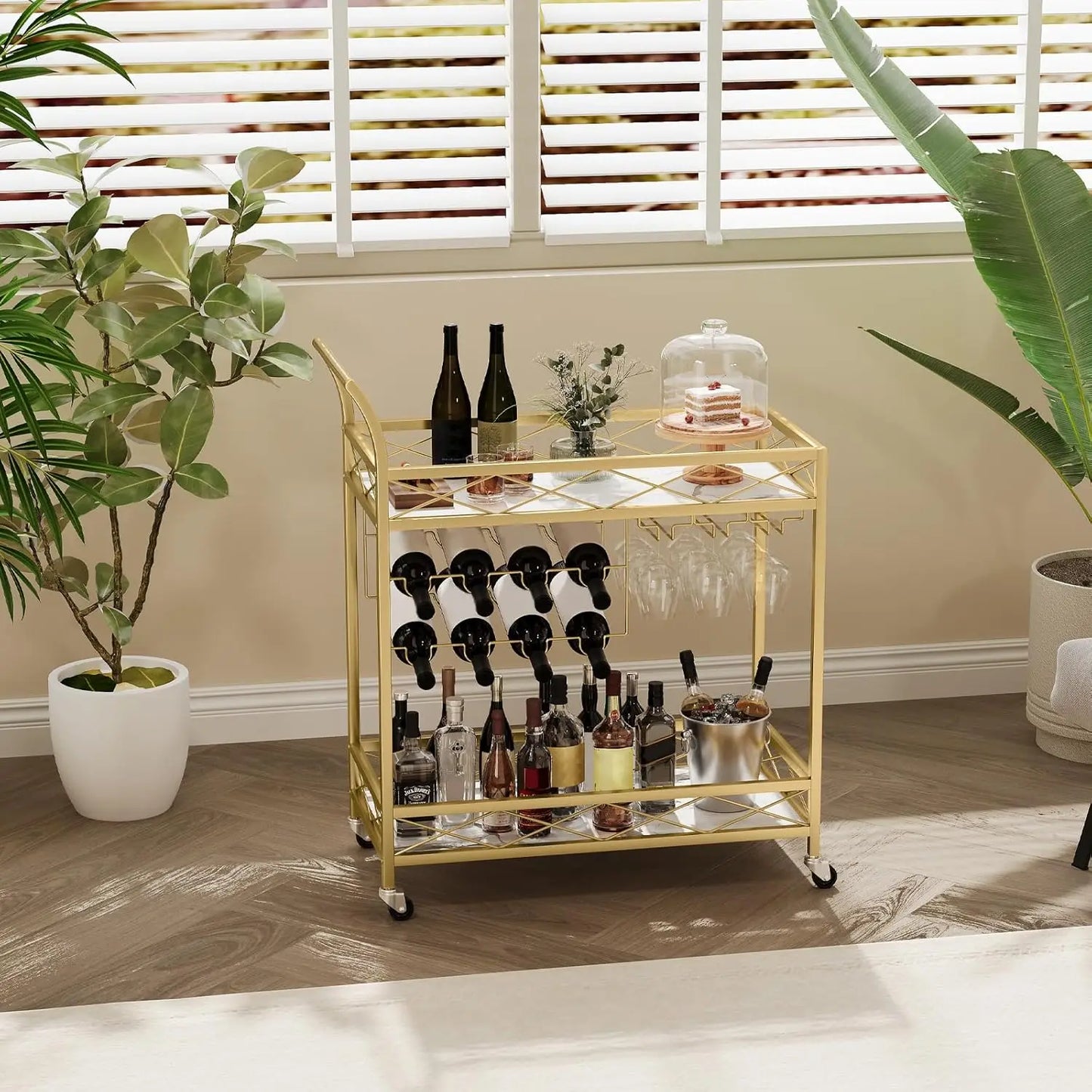 2-Tier Home Dining Room Bar Serving Cart on Lockable Wheels Mobile Beverage Cart with Wine Racks Glass Holder Rolling Wine Cart