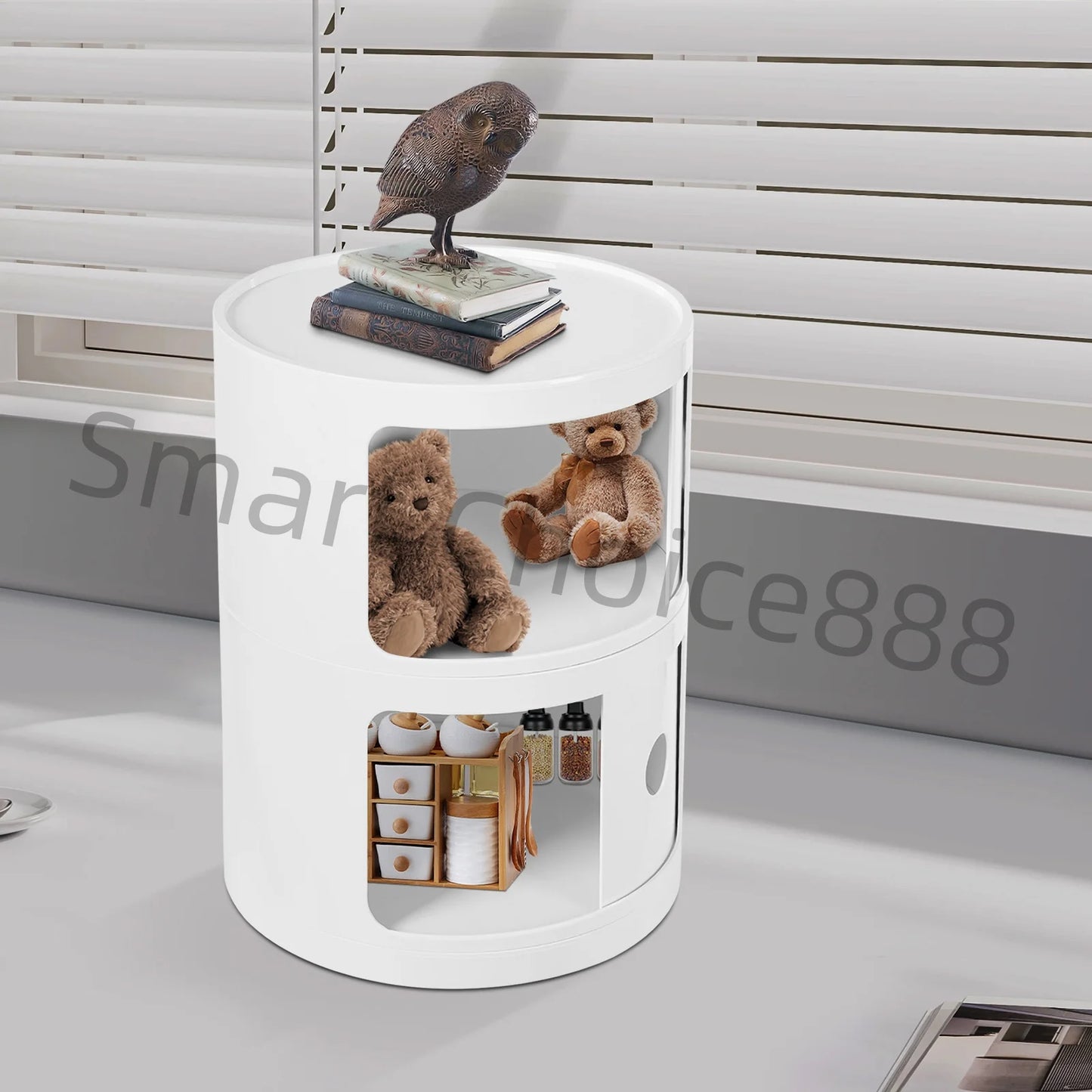 2-Tier Simple Round Nightst Bedside Table Round Large-capacity Storage ABS Green/White for Bathroom Bedroom Office