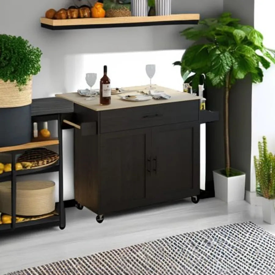 Rolling Kitchen Island Table on Wheels with Drop Leaf, Storage Cabinet, Drawer, Spice/Towel Rack, Kitchen Cart, 47.25 Wide Blac