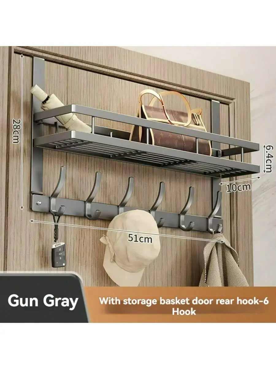 Gun Gray Over-the-Door Hook Rack with Storage Shelf, 6 Heavy-Duty Hooks for Coats, Bags, Hats & Keys, No-Drill Door Back Organiz