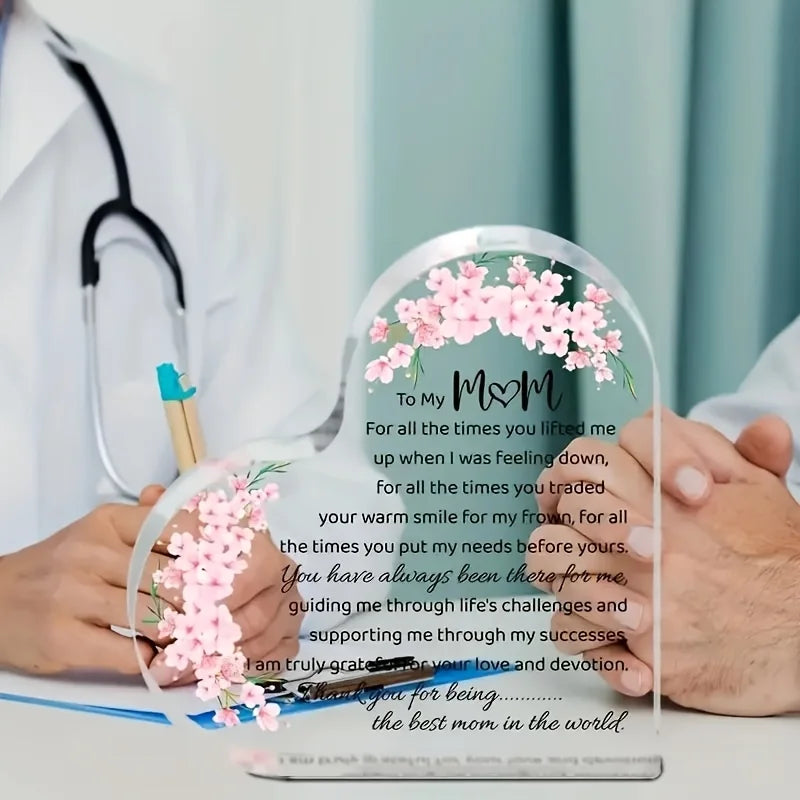 Heart Shaped Acrylic Mom Appreciation Plaque Floral Design Elegant Script