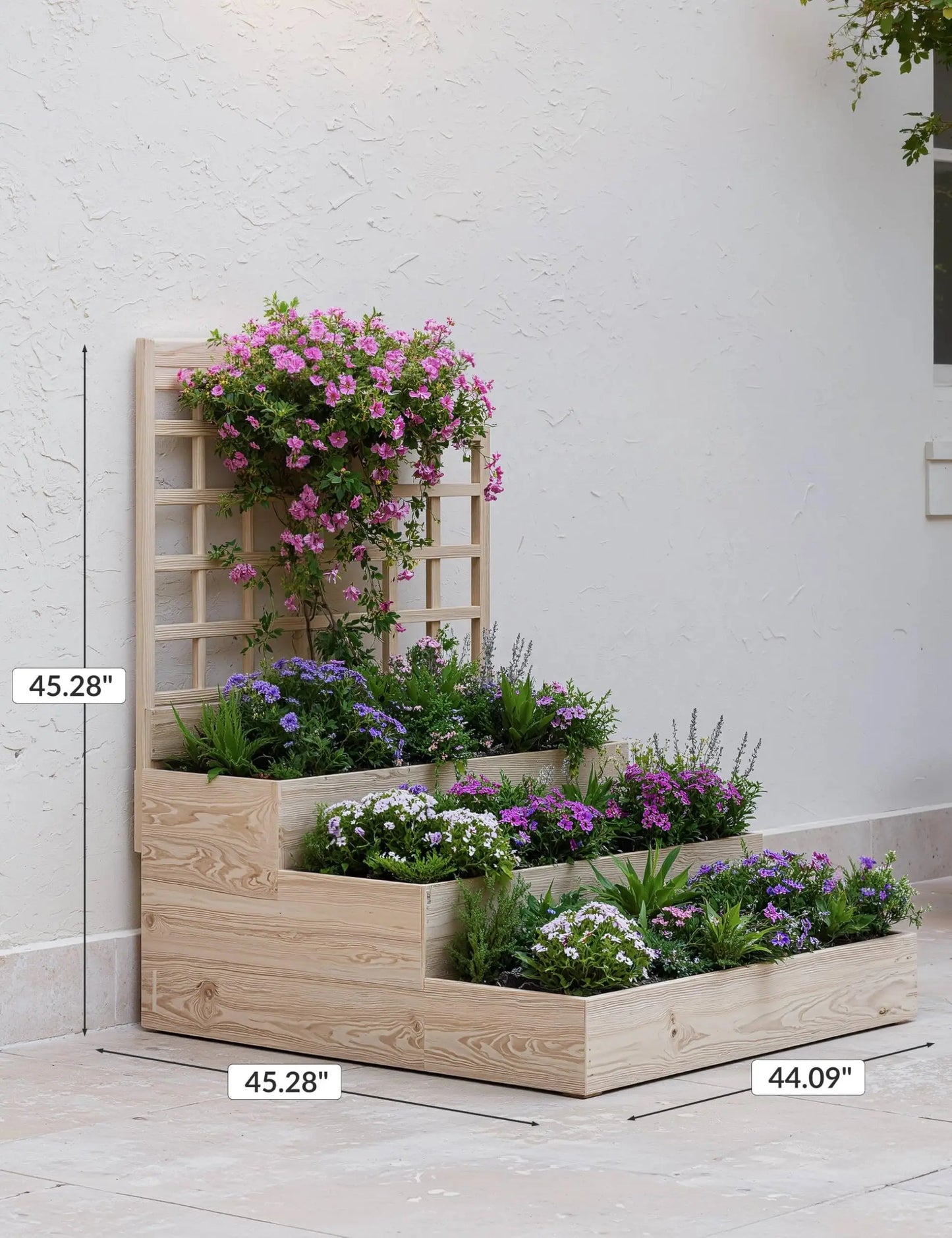 3-Tier Elevated Garden Bed with Trellis - Wooden Vertical Planter Box for Vegetables, Flowers, Herbs & Climbing Plants - Outdoor