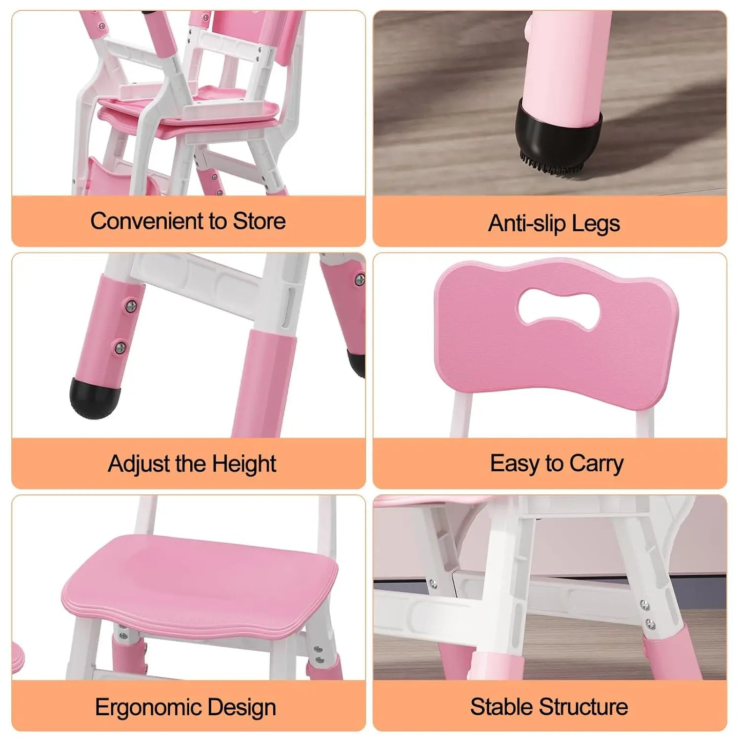 2-Pack Adjustable Kids Chairs 3-Level Height Toddler Chair Ergonomic Plastic Indoor/Outdoor Chair for Age 2-8,Non-Slip Stackable