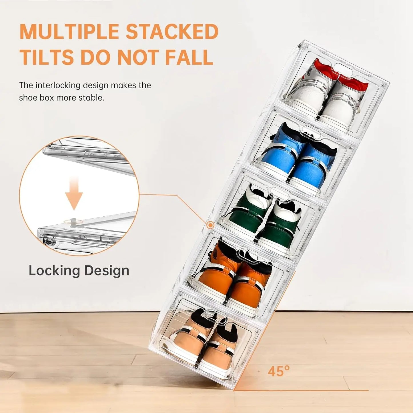 Clear Stackable Shoe Storage Box with Magnetic Door, Holds Up to US Size 12, Easy Assembly