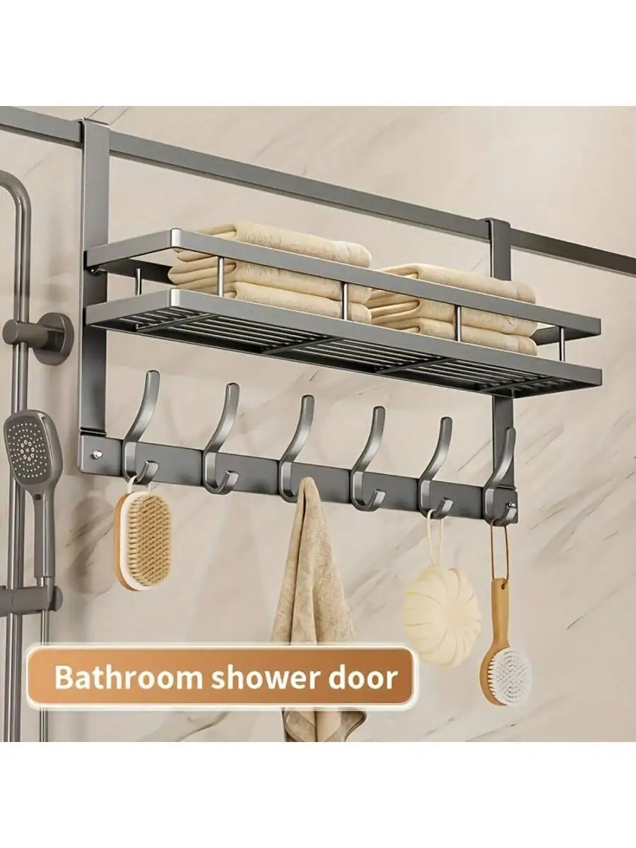 Gun Gray Over-the-Door Hook Rack with Storage Shelf, 6 Heavy-Duty Hooks for Coats, Bags, Hats & Keys, No-Drill Door Back Organiz
