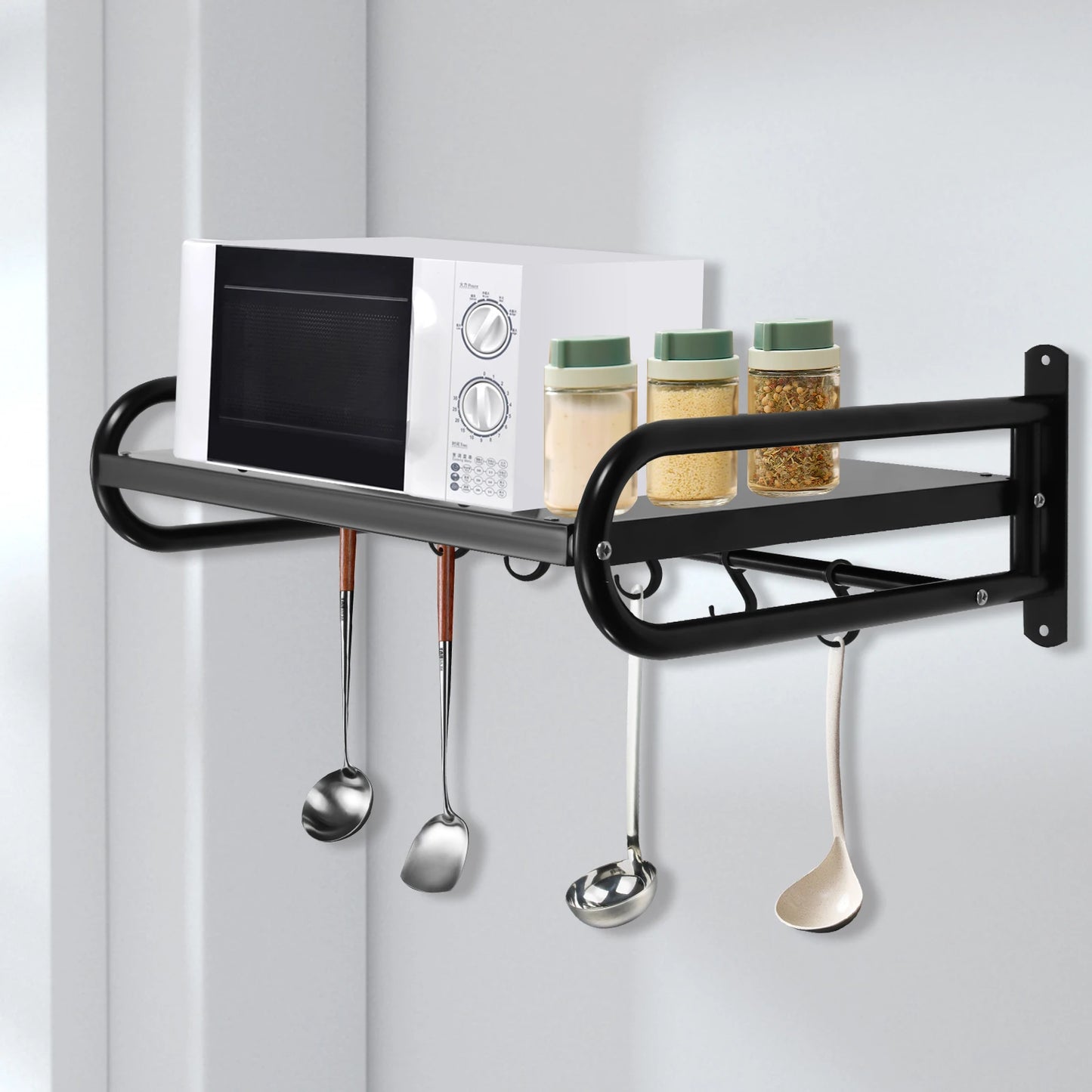 Microwave Shelf Wall Mount, Microwave Wall Shelf with 6 Hook, Load Capacity 66lbs, Black Carbon Steel Counter Countertop Holder