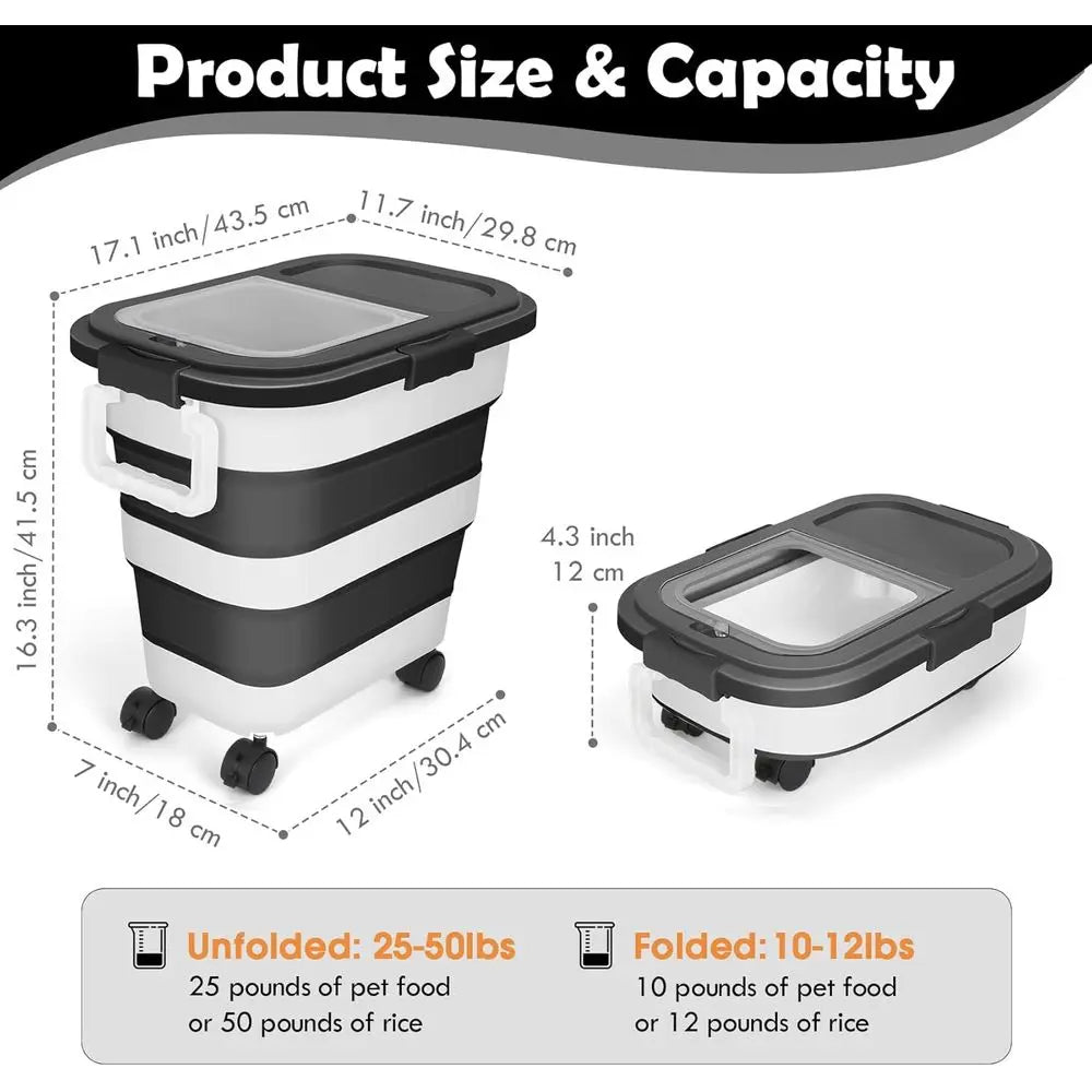 Large Collapsible Pet Food Storage Container with Airtight Lid, Wheels, Handle, and Measuring Cup for Dogs and Cats (Black)
