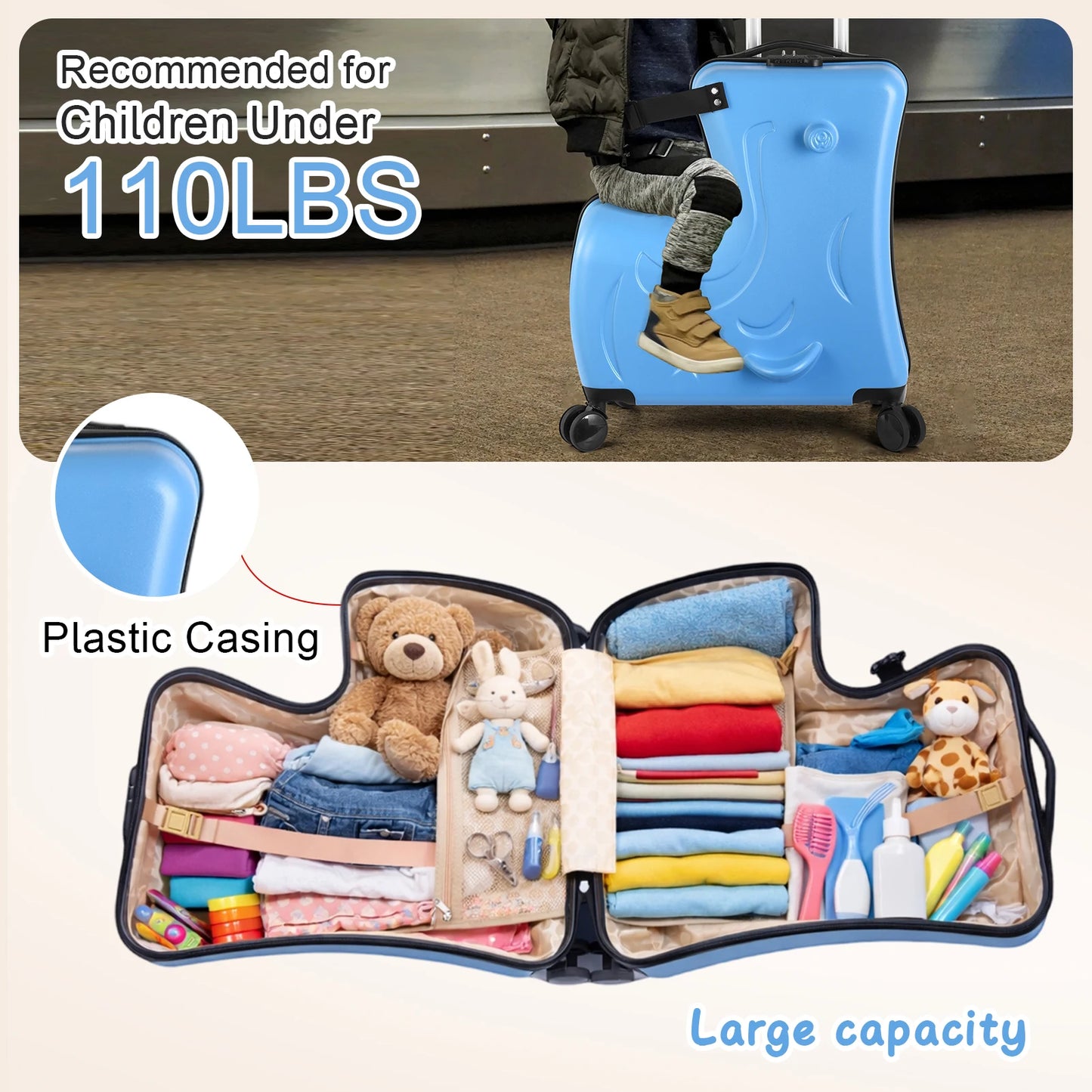 Kids Ride on Luggage, Toddler Luggage Seat Ride on, Kids Travel Suitcase with Safety Belt, Scooter Suitcase for Kids Ages 6-12