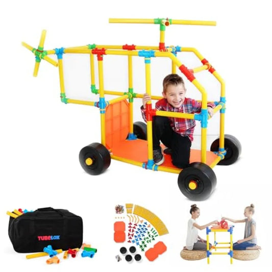 STEM building toy set for creative play, PVC pipes, multicolor, durable portable design with storage bag, 220-piece life-size c