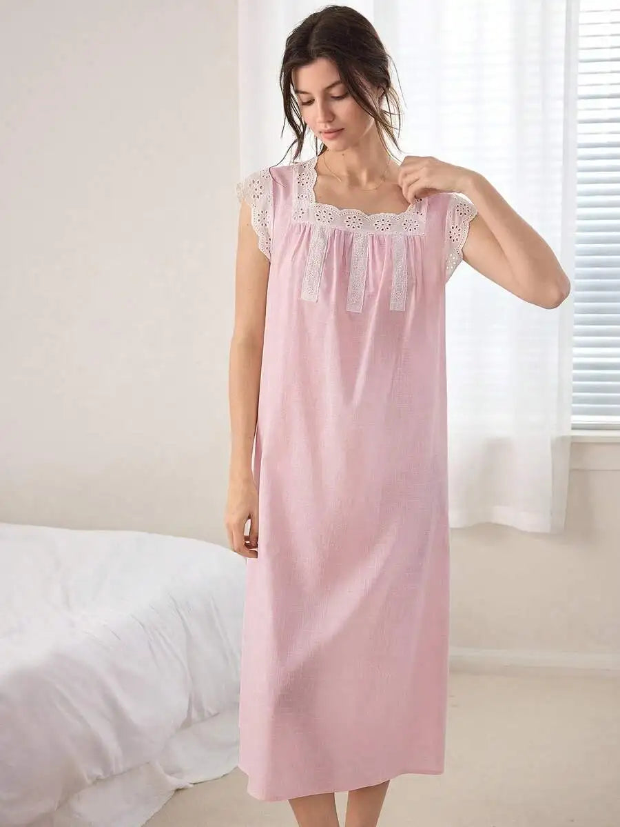 Womens 100% Cotton Lace Trim Nightgown Sleepwear Soft Comfortable
