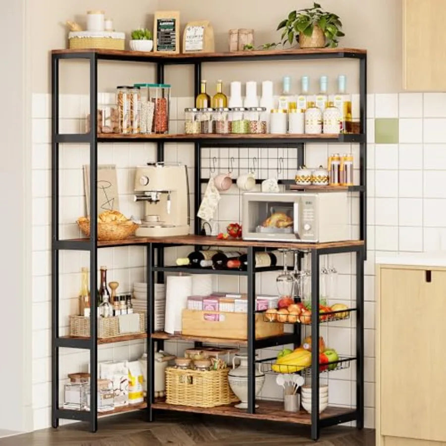 Kitchen corner bakers rack with power outlet, 6-tier industrial coffee bar in rustic brown metal, includes wine rack, hooks, wi