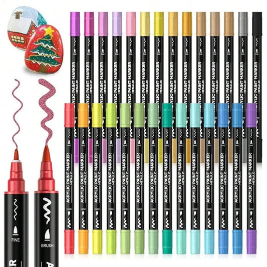 28 Metallic Colors Dual Tip Acrylic Paint Markers, Brush Tip And Fine Tip Acrylic Paint Pens For Rock Painting, Ceramic, Wood,