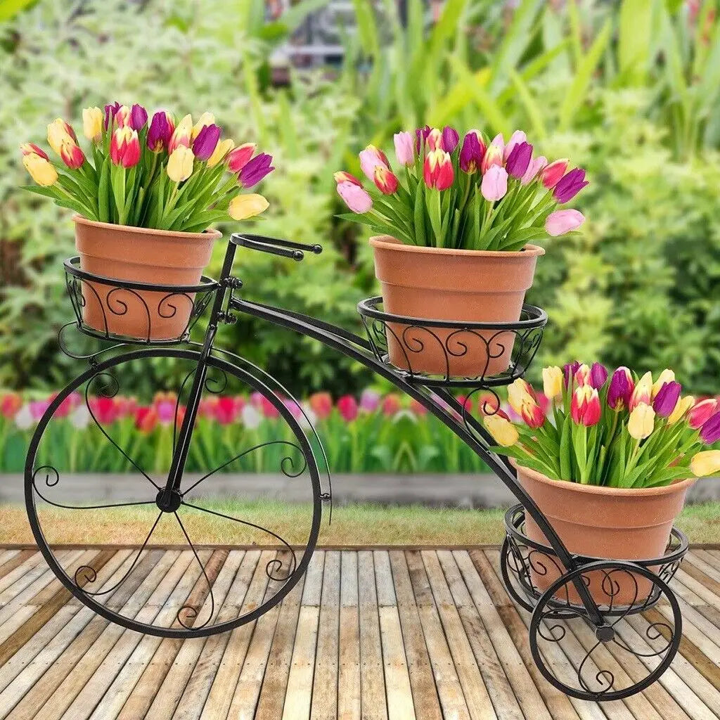 Indoor Outdoor 3 Tiers Iron Garden Flower Stand Bicycle Shape Plant Rack Shelf