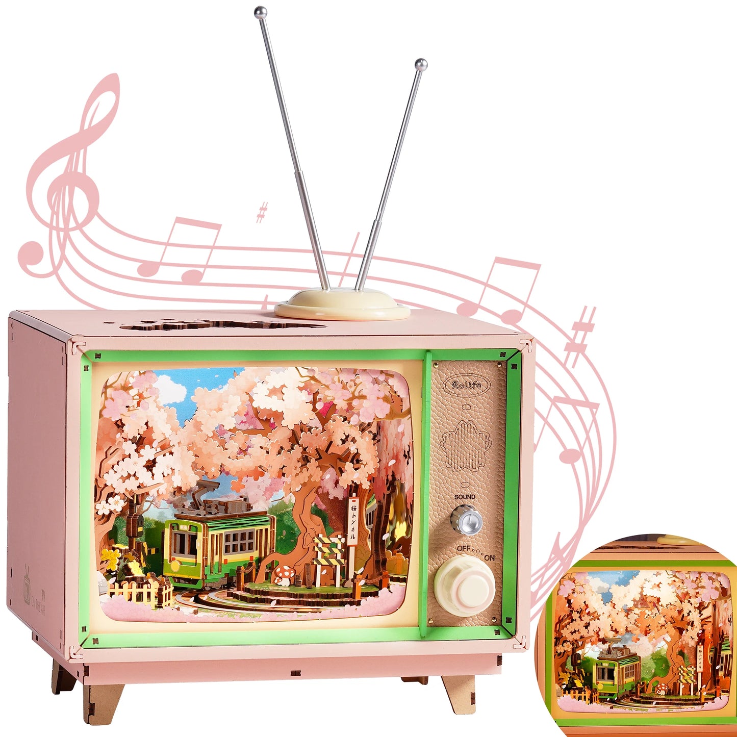 Rolife Sakura Dreamy Tour DIY Music Box Wooden 3D Puzzle Toys with LED for Home Decor Tiny House Model Kit for Adult to Build