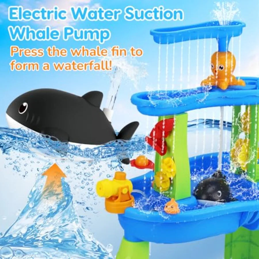 Outdoor 3-Tier Water Table for Toddlers 1-3 3-5 Years Plastic Blue Includes Pump for Sensory Summer Splash Play at Beach Pool B