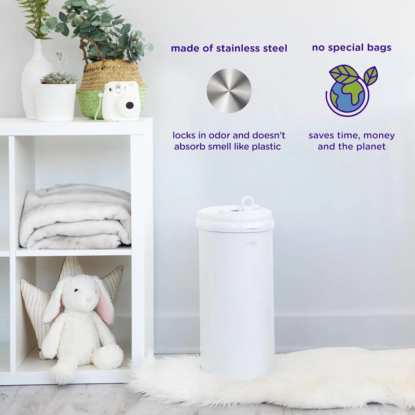 Steel Diaper Pail with Odor Lock, No Special Bags Needed, Award-Winning Nursery Essential in White