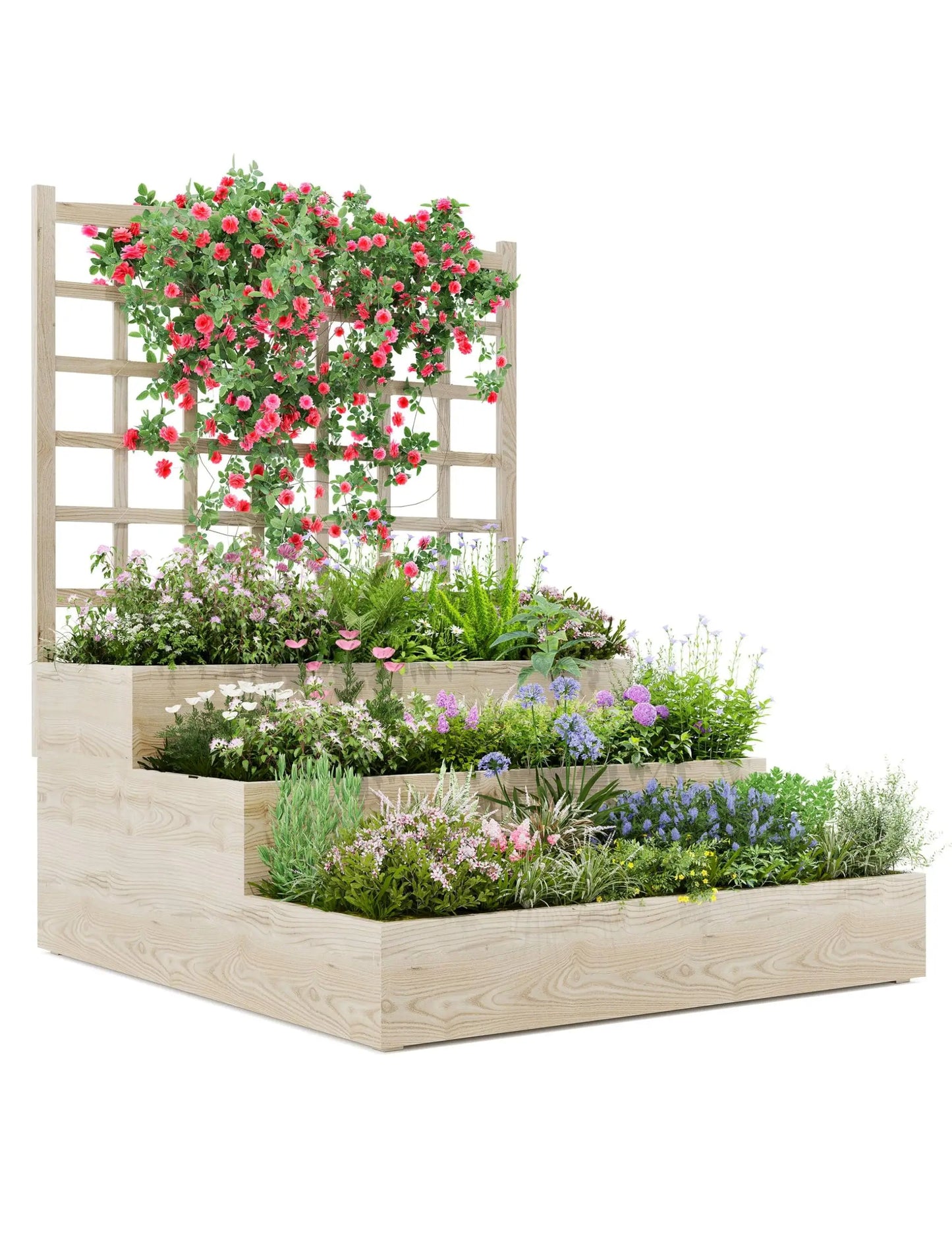 3-Tier Elevated Garden Bed with Trellis - Wooden Vertical Planter Box for Vegetables, Flowers, Herbs & Climbing Plants - Outdoor