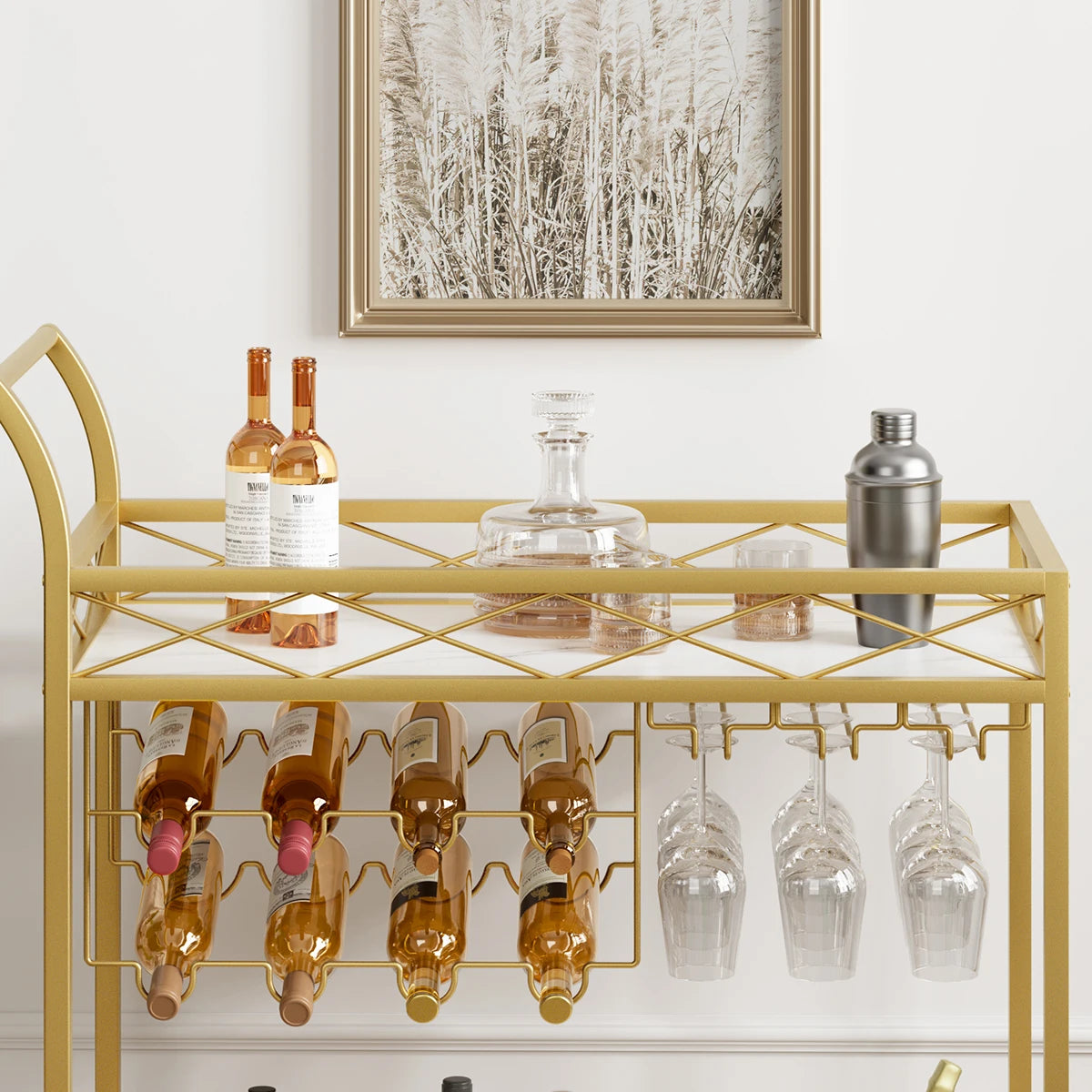 2-Tier Home Dining Room Bar Serving Cart on Lockable Wheels Mobile Beverage Cart with Wine Racks Glass Holder Rolling Wine Cart