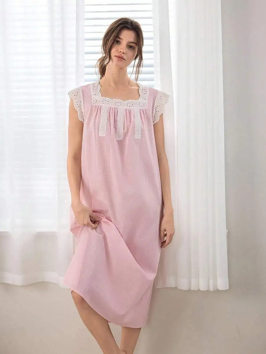 Womens 100% Cotton Lace Trim Nightgown Sleepwear Soft Comfortable