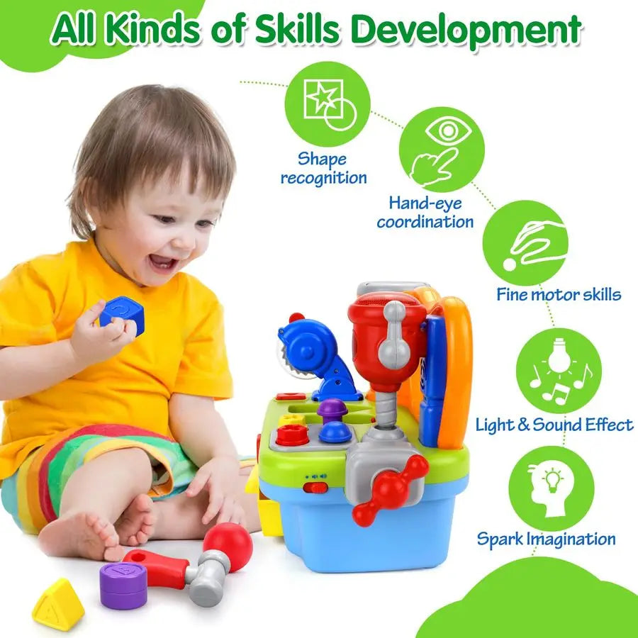 Toys for 1 Year Old Boy, Musical Toddler Tool Bench, Montessori Educational Toys with Sound Lights Effect, Shape Sorter, One Yea