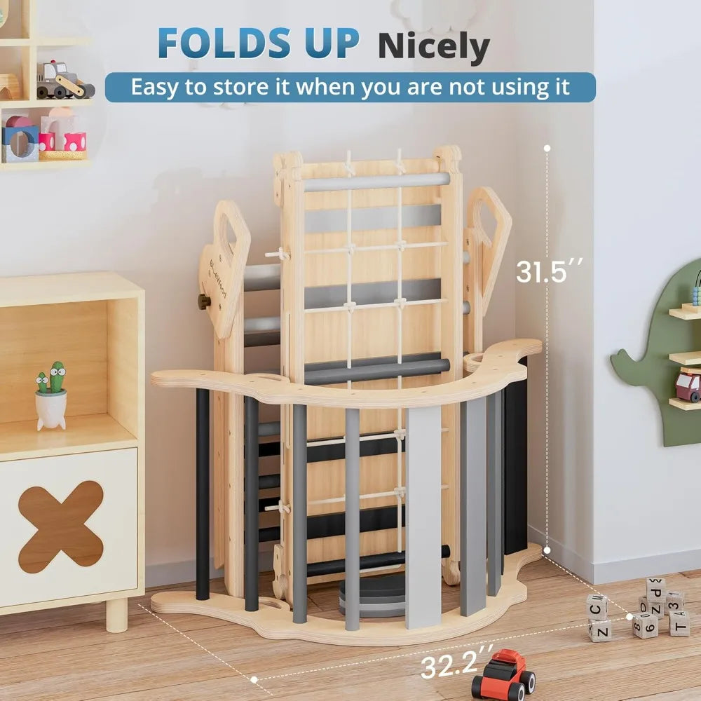 10-in-1 Pikler Triangle Set, Toddler Climbing Toys Indoor, Montessori Climber, Baby Jungle Gyms with Arch, Extra Rope Ladder & Footprint Balance Beam - Grey Twilight