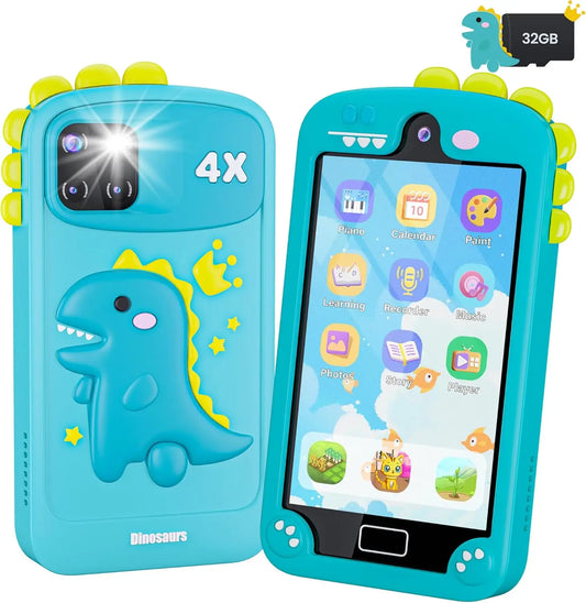 Kids Smart Phone for Girls with 4.0" Large Touchscreen, 32G Card Gifts for Kid Toys, Toddler Learning Toy, Dual Lens(Cyan-Blue)