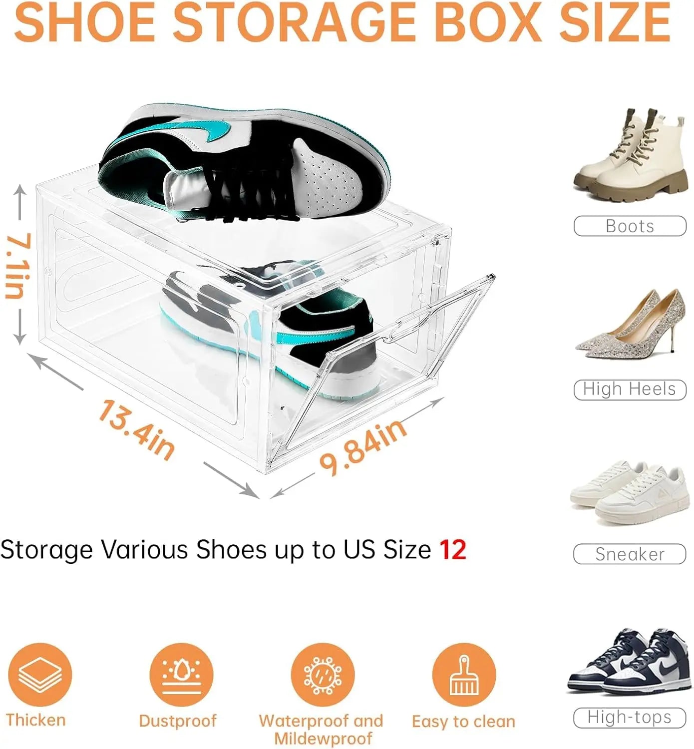Clear Stackable Shoe Storage Box with Magnetic Door, Holds Up to US Size 12, Easy Assembly