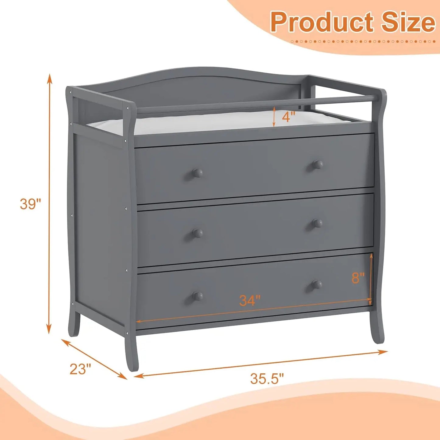 HiMISS Wooden Baby Changing Dresser Nursery Safety Rails Storage Drawers