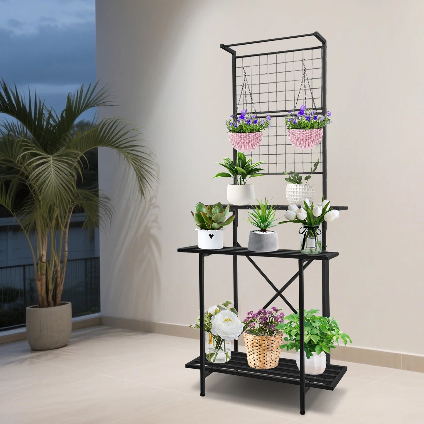 Multi-tier Hanging Plant Holder Storage Shelf Metal Plant Stand Garden Balcony Plant Pot Holders 90x46x200cm for Homes, Offices, Stores, Gardens