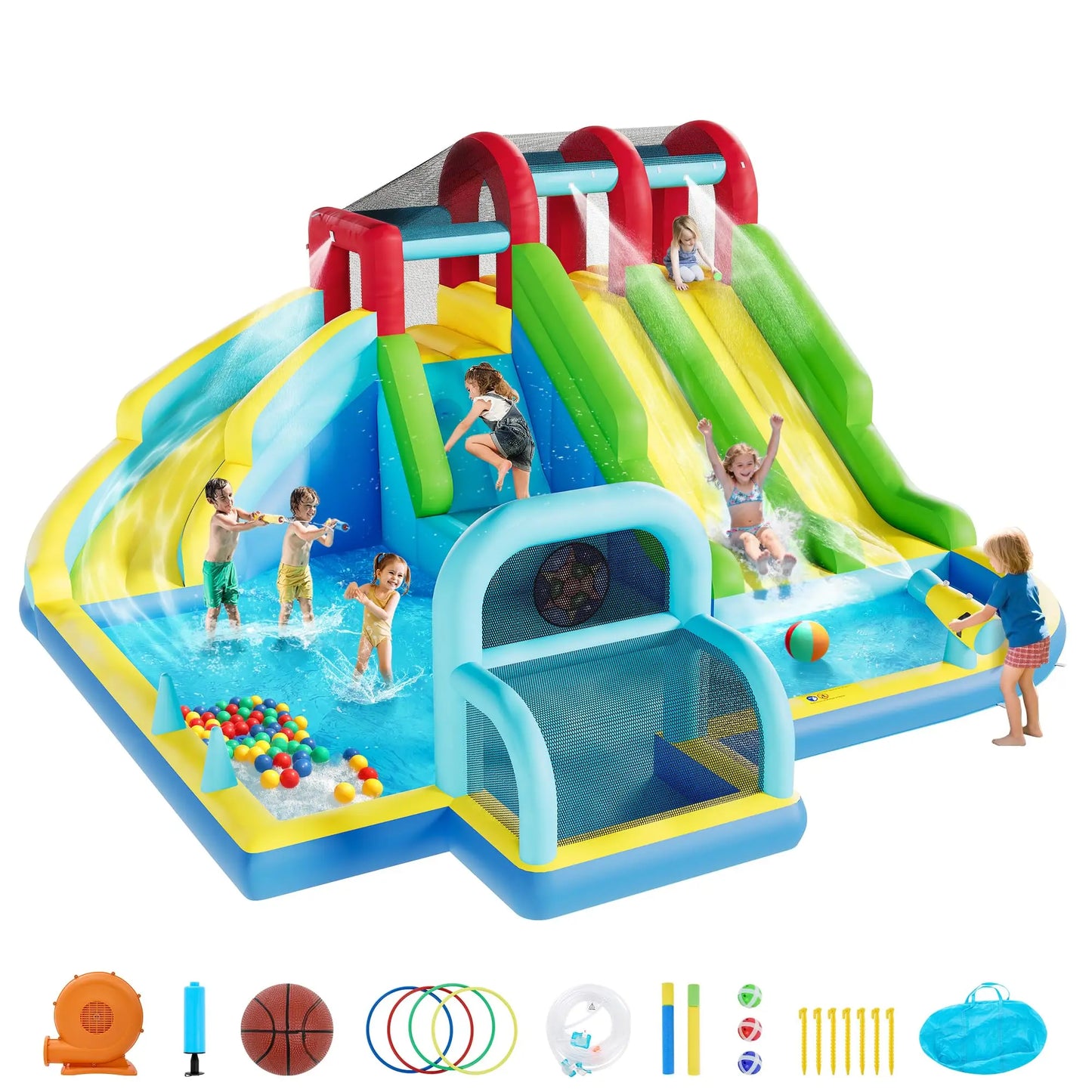 Inflatable Bounce House With 3 Slides, Water Slide Bouncy Castle With Splash Pool & Blower For Kids Indoor Outdoor Play Center Set