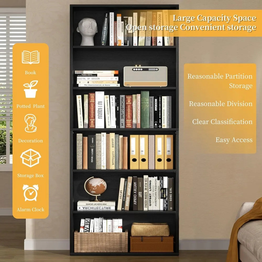 6-Tier Tall Bookshelf 70.6" Open Bookcase Display Shelves Floor Standing for Home Office Living Room Black