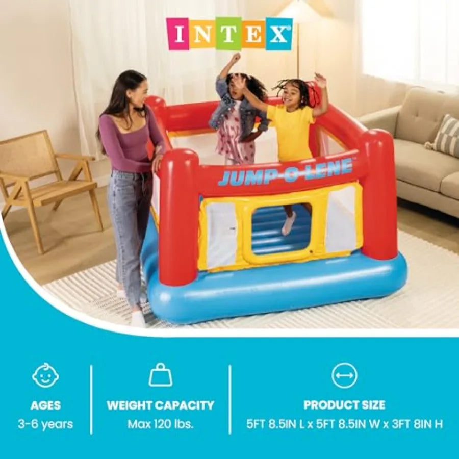 Inflatable Jump-O-Lene Trampoline Bounce House for backyard use PVC material blue and red color features crawl-thru door and sa