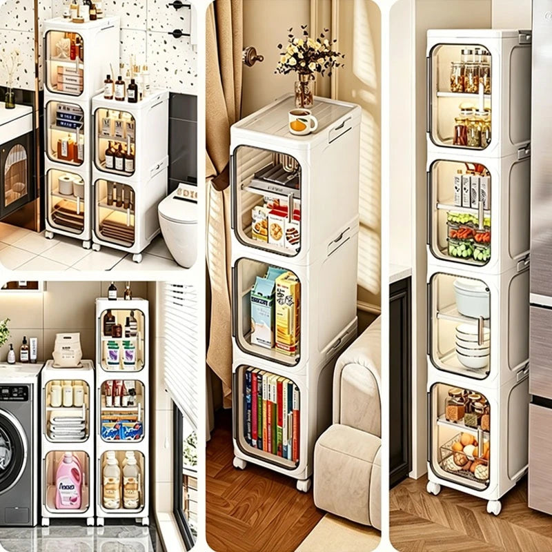 Tall Slim Plastic Storage Cabinet with Wheels, Narrow Stackable Organizer Drawers with Transparent Doors for Kitchen Bathroom Laundry Gap Storage