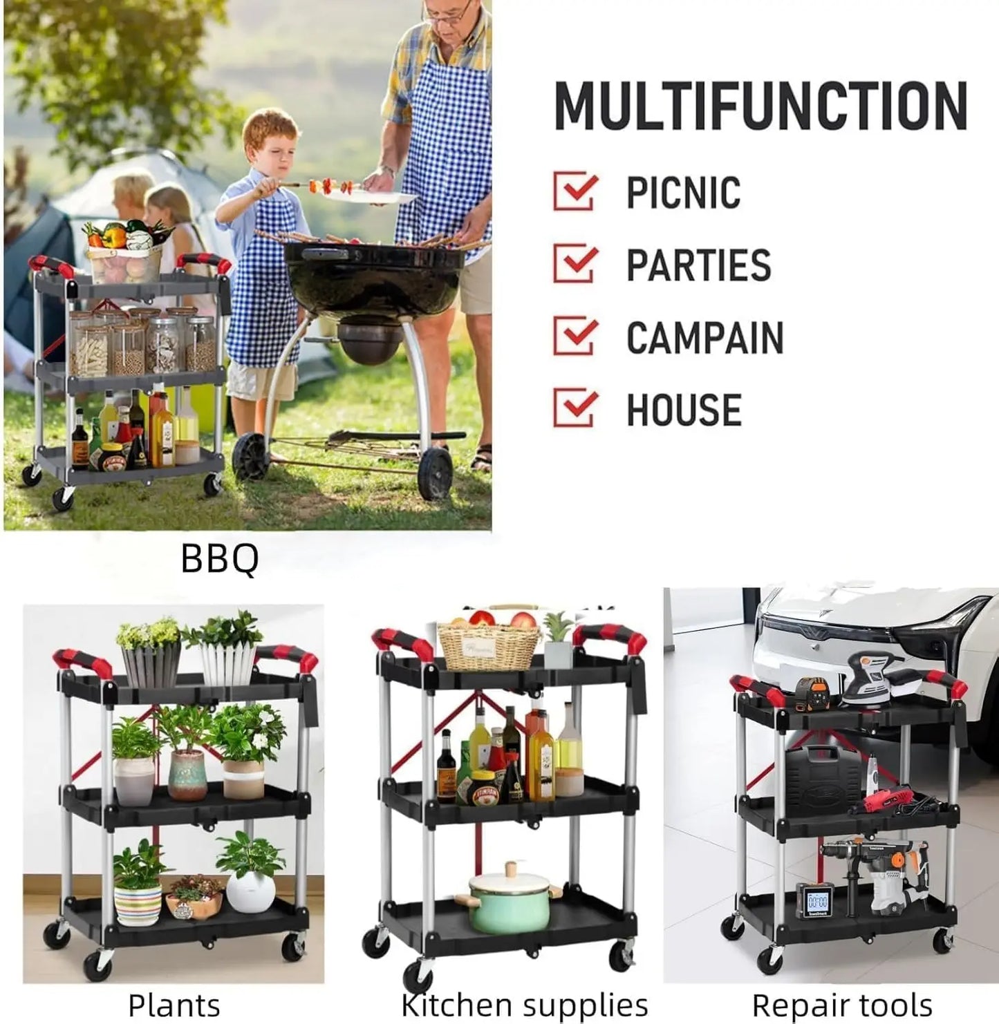 Twister.Ck 3 Tier Foldable Utility Rolling Cart With Lockable Wheels