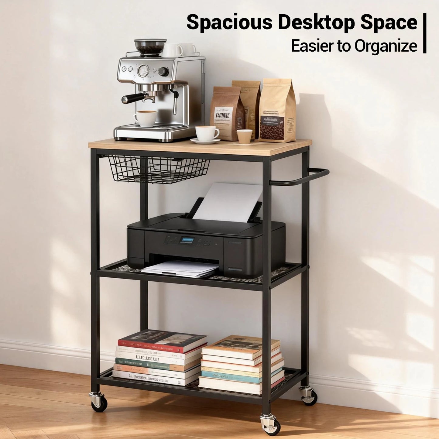 Microwave Kitchen Storage Cart with Push Handle 3 Tier Rolling Cart with 2 Lockable Wheels for Kitchen Island Dining Room