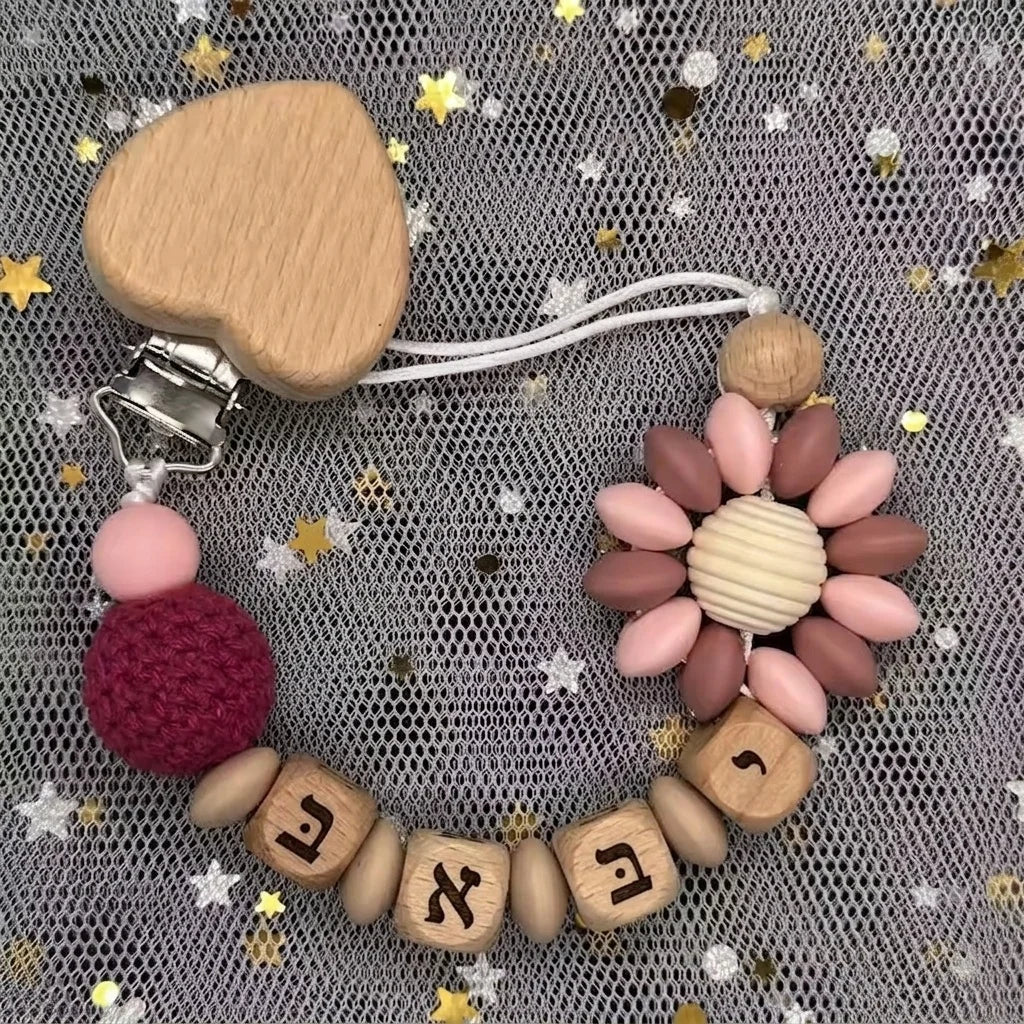 Custom Name Pacifier Clip Hebrew Baby BPA Free Silicone Teether Holder Wooden Beads Dummy Chain Soother Clip Newborn Boys Girls