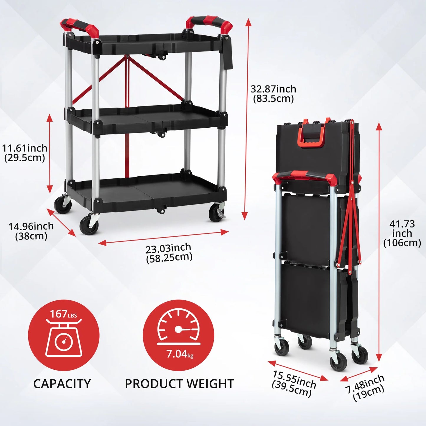 Twister.Ck 3 Tier Foldable Utility Rolling Cart With Lockable Wheels