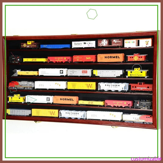 HO Scale Model Train Display Case with UV Protection, Lockable Cabinet Wall Rack - Cherry Finish