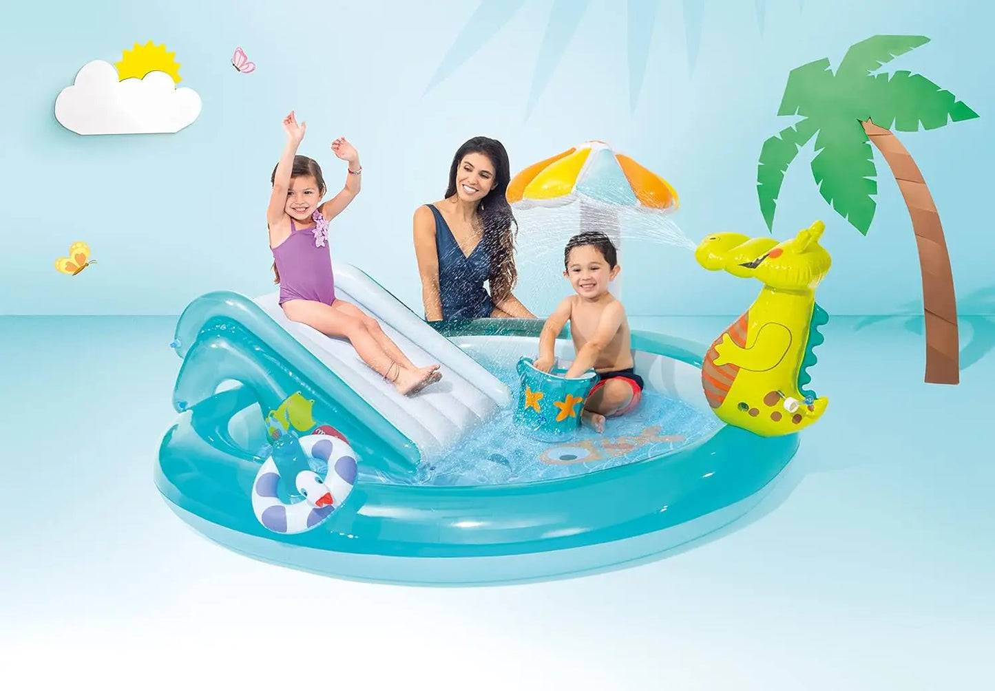 Outdoor Inflatable Kiddie Pool with Slide, Sprinklers & Floatie for Kids Water Play