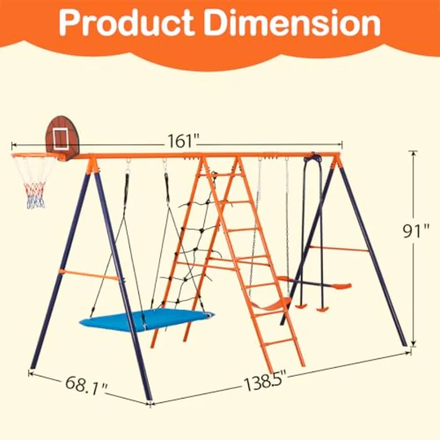 Outdoor Metal Swing Set For Kids, Heavy-Duty Steel Frame 660Lb
