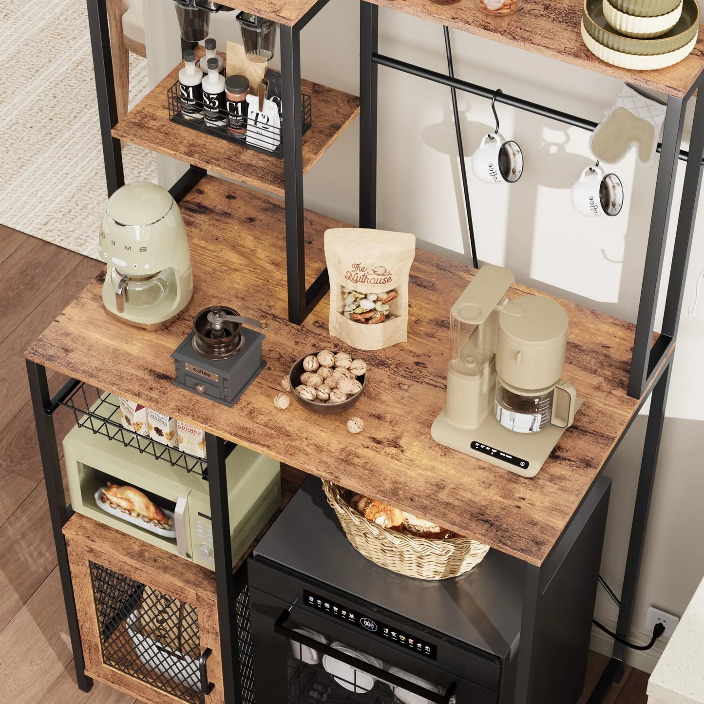 Kitchen Bakers Rack With Power Outlet And Coffee Bar Stand