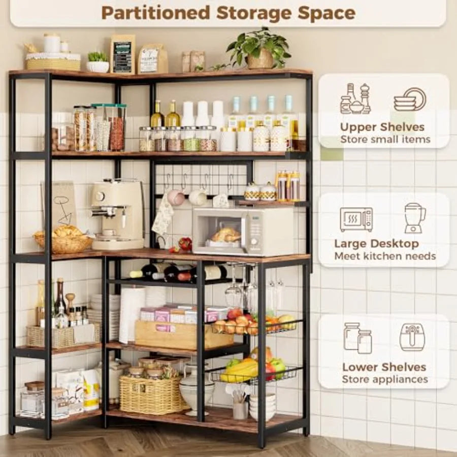 Kitchen corner bakers rack with power outlet, 6-tier industrial coffee bar in rustic brown metal, includes wine rack, hooks, wi