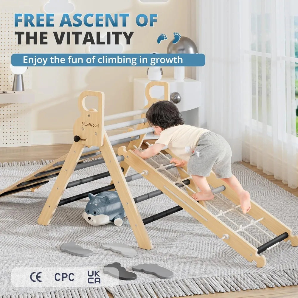 10-in-1 Pikler Triangle Set, Toddler Climbing Toys Indoor, Montessori Climber, Baby Jungle Gyms with Arch, Extra Rope Ladder & Footprint Balance Beam - Grey Twilight