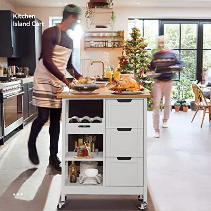 Kitchen island cart for dining room use, solid wood top in oak white finish, with 3-drawer storage and smooth-rolling wheels fo
