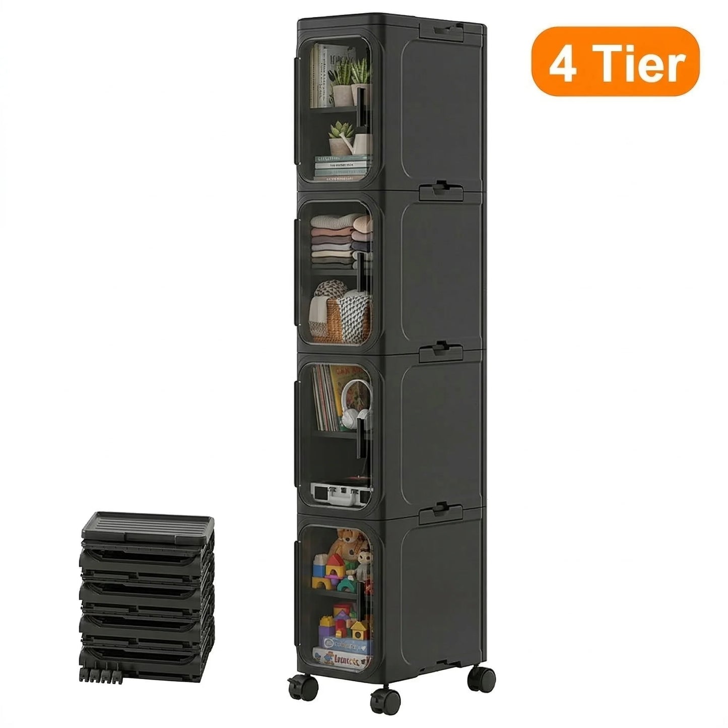 Tall Slim Plastic Storage Cabinet with Wheels, Narrow Stackable Organizer Drawers with Transparent Doors for Kitchen Bathroom Laundry Gap Storage